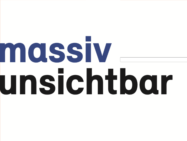 Logo massiv unsichtbar, massiv in blauer Schrift, unsichtbar darunter in schwarze Schrift, beide vor weissem Hintergrund